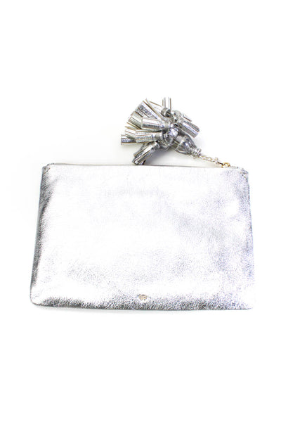 Anya Hindmarch Womens Leather Tassel Large Clutch Handbag Silver Metallic