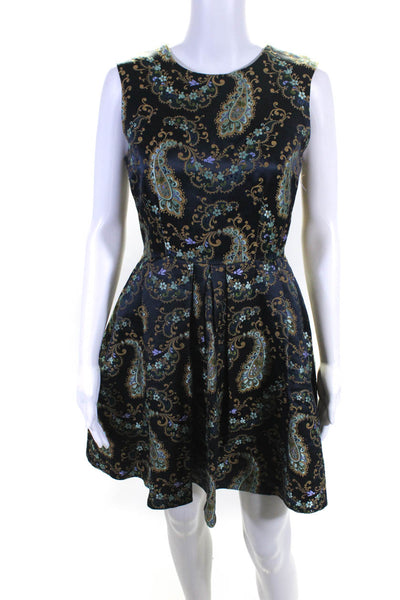 Cynthia Rowley Womens Back Zip Crew Neck Paisley Flarte Dress Navy Blue Brown 4