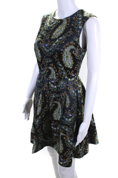 Cynthia Rowley Womens Back Zip Crew Neck Paisley Flarte Dress Navy Blue Brown 4