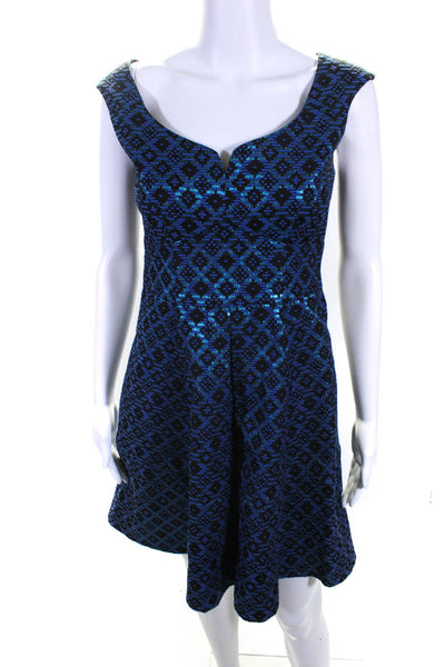 Nanette Lepore Womens Back Zip Metallic Printed Flare Dress Blue Black Size 2