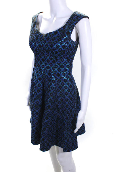 Nanette Lepore Womens Back Zip Metallic Printed Flare Dress Blue Black Size 2