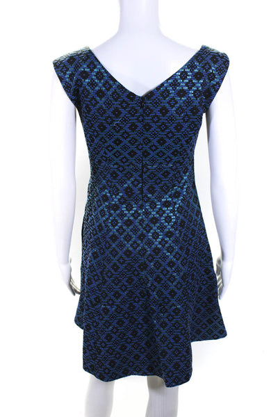 Nanette Lepore Womens Back Zip Metallic Printed Flare Dress Blue Black Size 2