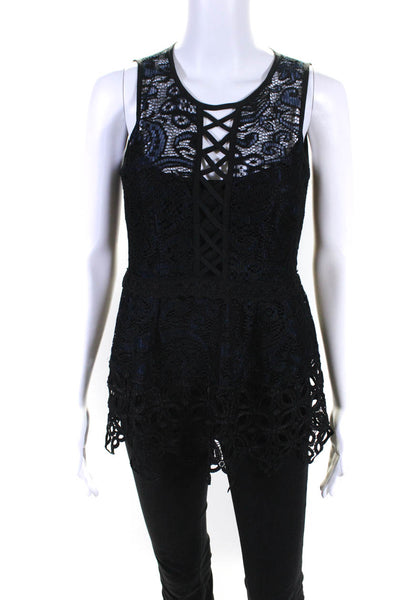 Nanette Lepore Womens Sleeveless Caged Crew Neck Lace Overlay Top Black Size 2