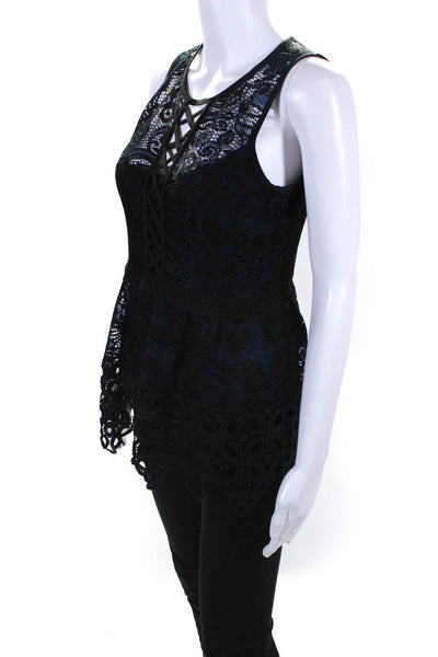 Nanette Lepore Womens Sleeveless Caged Crew Neck Lace Overlay Top Black Size 2