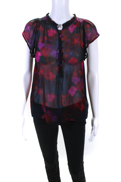 Paige Womens Half Button Short Sleeve Sheer Silk Floral Top Black Red Size XS