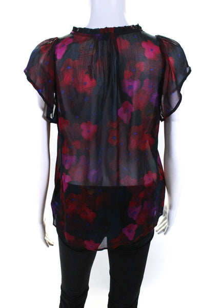 Paige Womens Half Button Short Sleeve Sheer Silk Floral Top Black Red Size XS