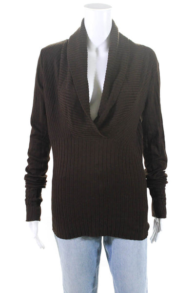 Cache Women's Ribbed Long Sleeve V Neck Pullover Sweater Brown Size S