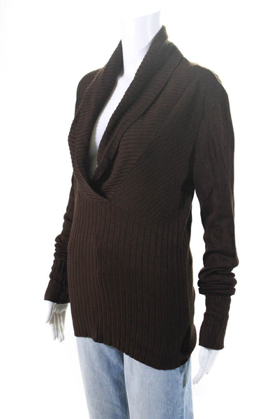 Cache Women's Ribbed Long Sleeve V Neck Pullover Sweater Brown Size S