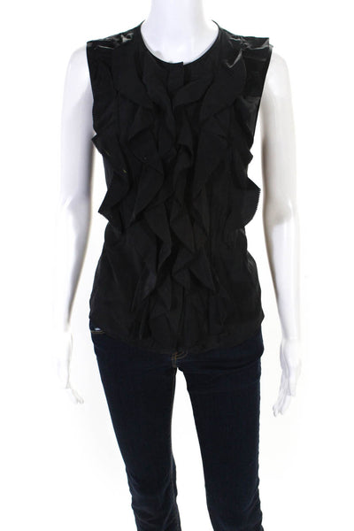 Elie Tahari Womens Button Front Ruffled Crew Neck Silk Top Black Size Small