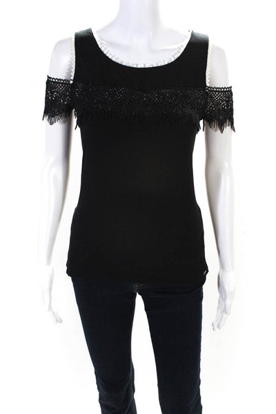 Tahari Womens Scoop Neck Lace Eyelet Trim Cold Shoulder Top Black Size Small