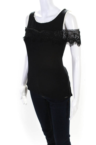 Tahari Womens Scoop Neck Lace Eyelet Trim Cold Shoulder Top Black Size Small