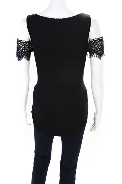 Tahari Womens Scoop Neck Lace Eyelet Trim Cold Shoulder Top Black Size Small