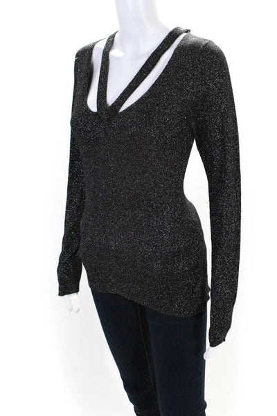 T Tahari Womens Long Sleeve Cut Out V Neck Metallic Knit Sweater Gray Size Small