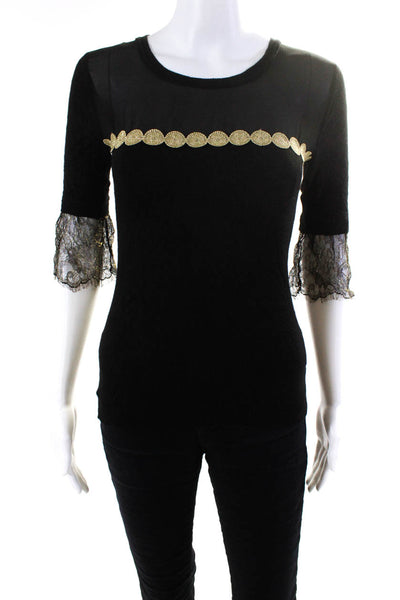 T Tahari Womens Metallic Thin-Knit Lace Trim Round Neck Shirt Black Gold Size S