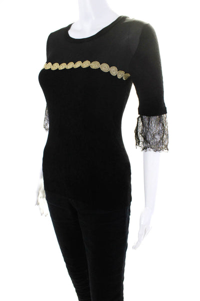 T Tahari Womens Metallic Thin-Knit Lace Trim Round Neck Shirt Black Gold Size S