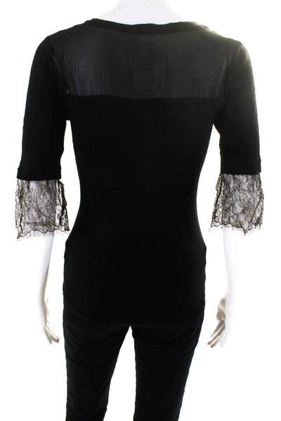 T Tahari Womens Metallic Thin-Knit Lace Trim Round Neck Shirt Black Gold Size S