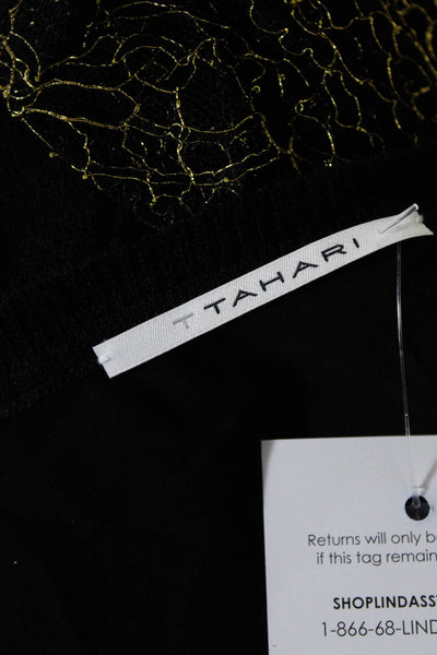 T Tahari Womens Metallic Thin-Knit Lace Trim Round Neck Shirt Black Gold Size S