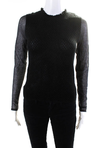 Elie Tahari Womens Cable-Knit Mesh Long Sleeve Crewneck Top Black Gray Size S