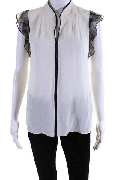 Elie Tahari Womens Faux Leather Trim Y Neck Top Blouse Ivory Size Small