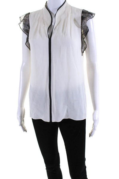 Elie Tahari Womens Faux Leather Trim Y Neck Top Blouse Ivory Size Small