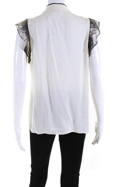 Elie Tahari Womens Faux Leather Trim Y Neck Top Blouse Ivory Size Small