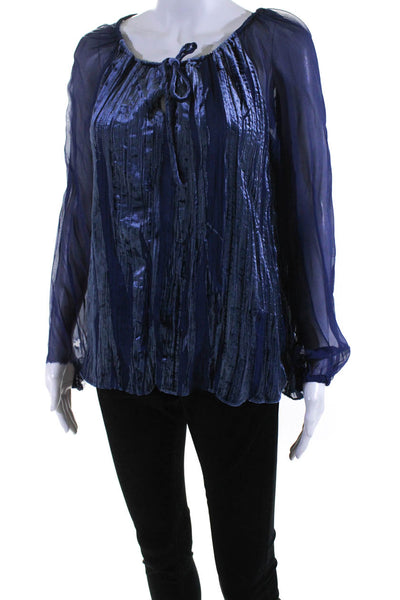 Designer Womens Tie Neck Crush Velvet Chiffon Long Sleeve Top Blouse Blue Small