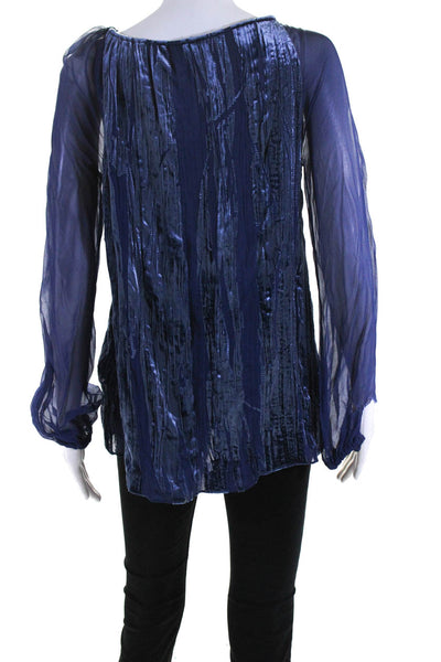 Designer Womens Tie Neck Crush Velvet Chiffon Long Sleeve Top Blouse Blue Small