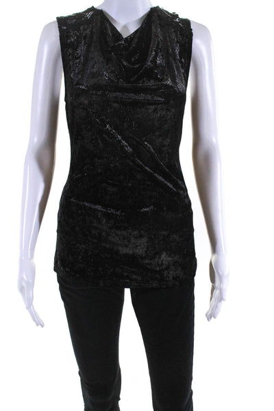 Designer Womens Metallic Velvet Lace Sleeveless Cowl Neck Top Blouse Black Small