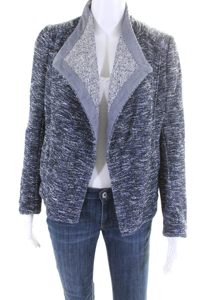 Vince Womens Woven Round Neck Open Front Long Sleeved Jacket Blue White Size XS