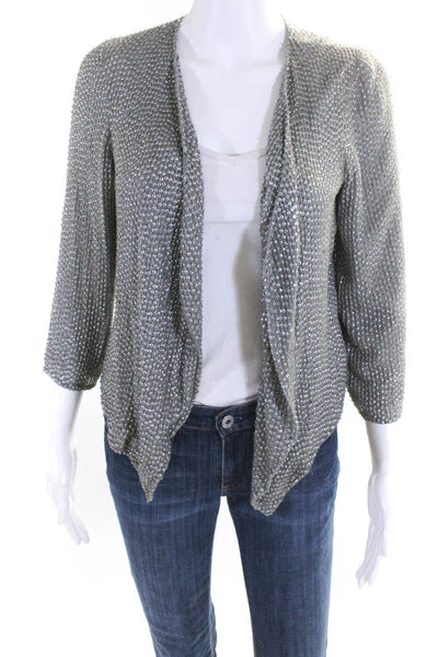 Parker Womens 3/4 Sleeve Open Front Beaded Sequin Silk Jacket Gray Size XS