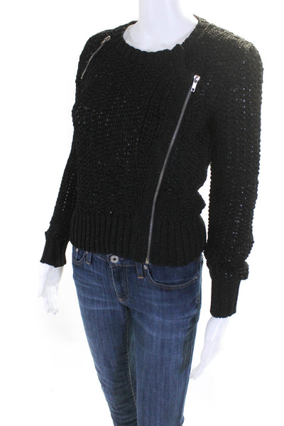 Madison Marcus Womens Double Zip Open Knit Crew Neck Sweater Black Size XS