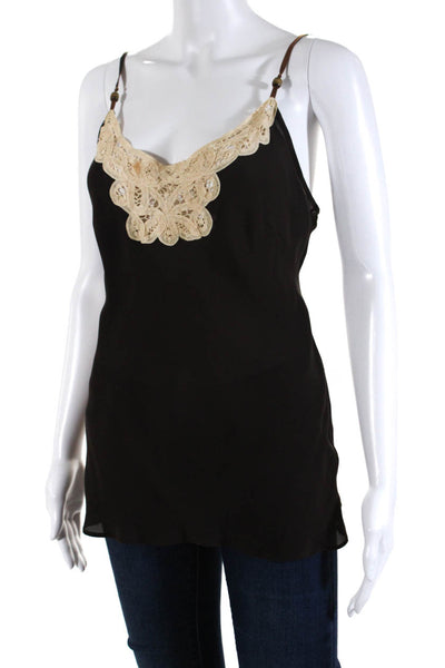 Kenneth Cole New York Womens Silk Crochet V Neck Tank Top Brown Size 10