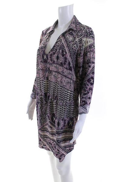 Rory Beca Women's Silk Long Sleeve Abstract Print Shift Dress Purple Size S