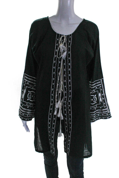 Inca Womens Cotton Embroider Abstract Tied Tassel Fringed Tunic Top Black Size L