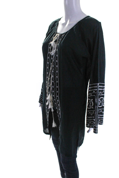 Inca Womens Cotton Embroider Abstract Tied Tassel Fringed Tunic Top Black Size L