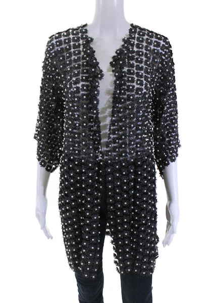 Beulah Womens Pearled Glitter Print Knitted Hook & Eye Cardigan Silver Size M