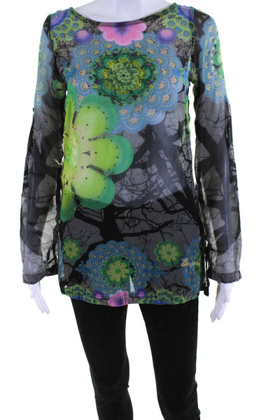 Desigual Womens Embroidered Beaded Floral Abstract Sheer Blouse Black Size XS