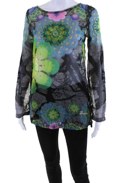 Desigual Womens Embroidered Beaded Floral Abstract Sheer Blouse Black Size XS