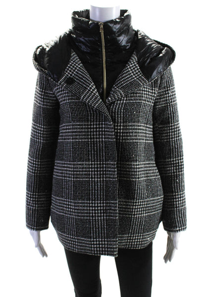 Herno Womens Button Zip Front Glen Plaid Down Quilted Jacket Black White IT 42