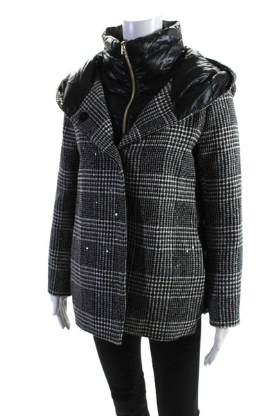 Herno Womens Button Zip Front Glen Plaid Down Quilted Jacket Black White IT 42