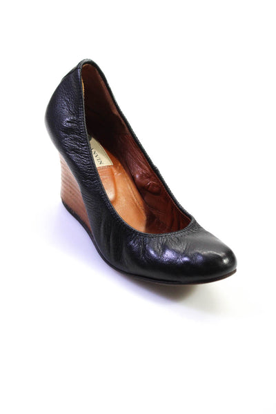 Lanvin Womens Leather Round Toe Slide On Wood Wedge Pumps Black Size 7