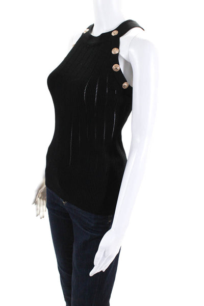 Biba Womens Gold Tone Buttoned High Neck Ribbed Knit Slim Tank Top Black Size L