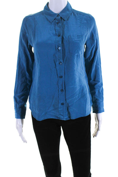 Equipment Femme Women's Collar Long Sleeves Button Down Silk Shirt Blue Size S