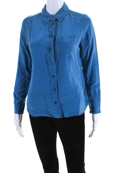 Equipment Femme Women's Collar Long Sleeves Button Down Silk Shirt Blue Size S