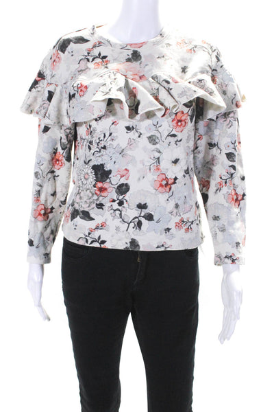 Rebecca Taylor Womens Floral Print Ruffled Sweatshirt White Size Extra Small