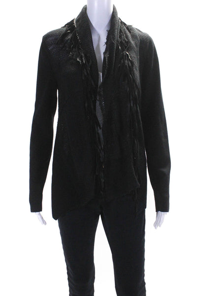 Elie Tahari Womens Fringe Full Zipper Sweater Black Cotton Size Small