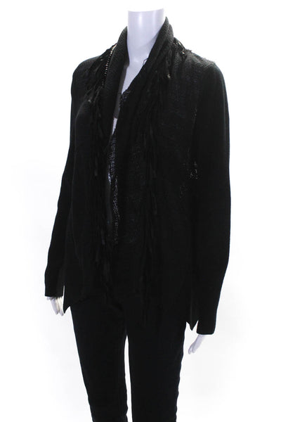 Elie Tahari Womens Fringe Full Zipper Sweater Black Cotton Size Small