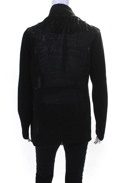 Elie Tahari Womens Fringe Full Zipper Sweater Black Cotton Size Small