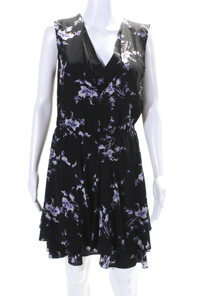 Rebecca Taylor Women's Silk Floral Print V-Neck Blouson Dress Black Size 4