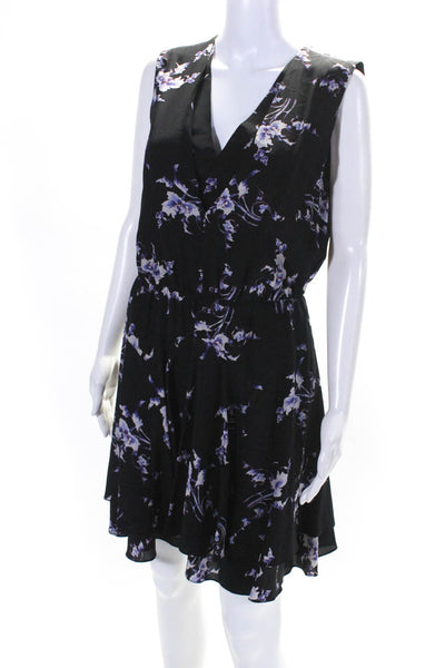 Rebecca Taylor Women's Silk Floral Print V-Neck Blouson Dress Black Size 4